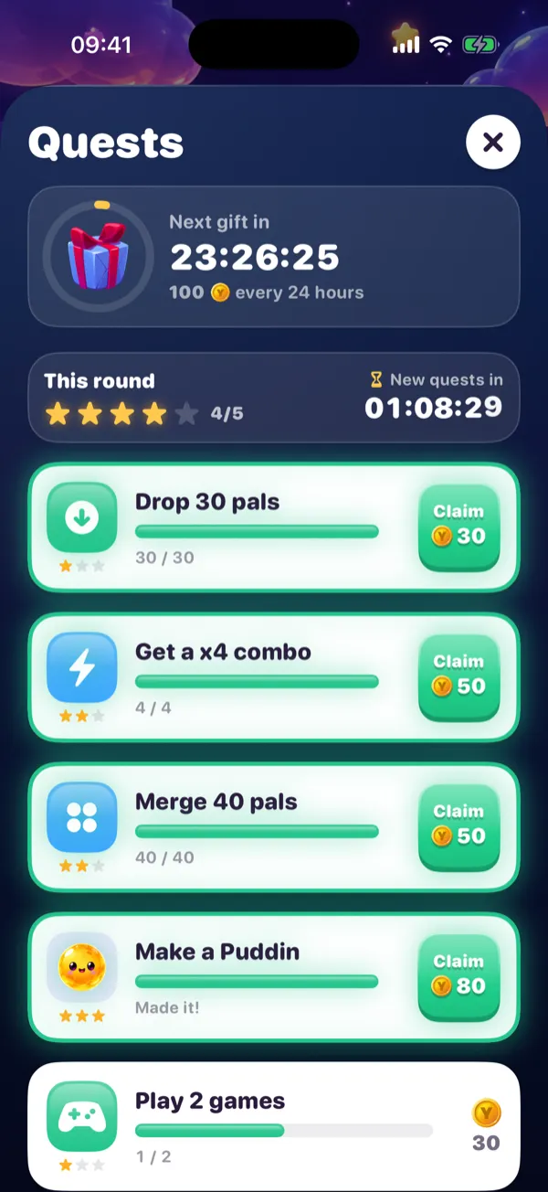 The Quests screen with a daily gift and five quests